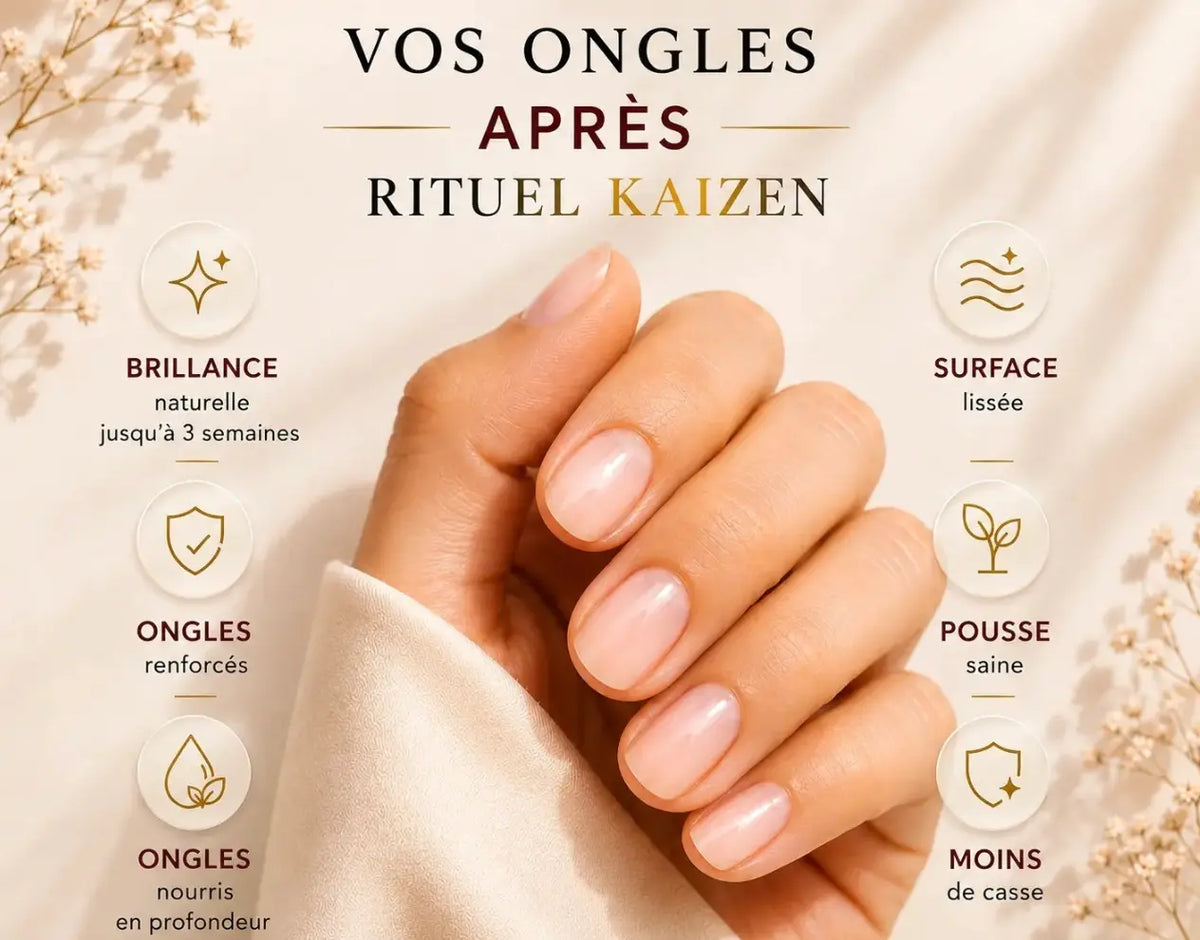 Bénéfices du Rituel Kaizen sur les ongles : brillance naturelle, surface lissée, ongles renforcés, pousse saine, nourris en profondeur, moins de casse.